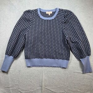 Philosophy Houndstooth Sweater Women XL Blue Black Puff Sleeve Crew Neck